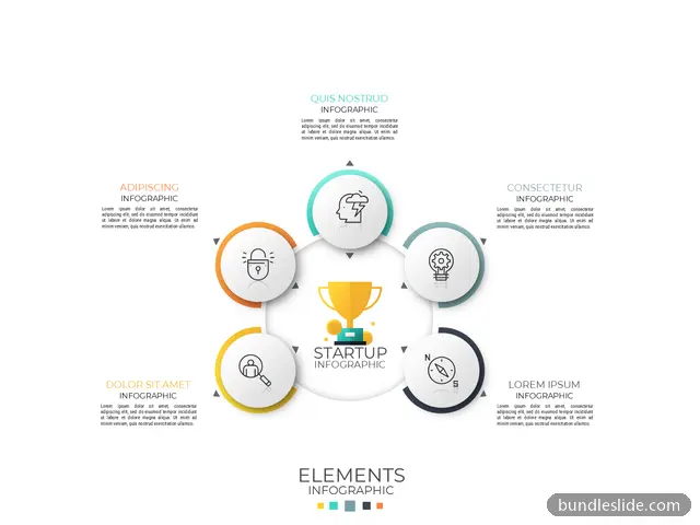 5 Stage Cycle PPT template with 5 items in teal, startup, trophy icon - editable PowerPoint slide
