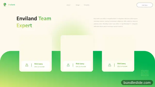 Sustainability PPT template with 3 items in green, team, about us - editable PowerPoint slide