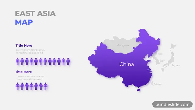 Retail PPT template with 2 items in purple, East Asia map, China highlighted - editable PowerPoint slide