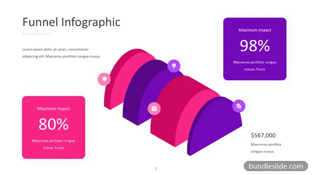 Funnel PPT template with 4 items in purple, funnel diagram, 3D arches - editable PowerPoint slide