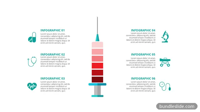 Healthcare PPT template with 6 items in teal, syringe graphic, medical icons - editable PowerPoint slide