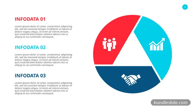 3 Stage Cycle PPT template with 3 items in red, three segments, pie chart diagram - editable PowerPoint slide