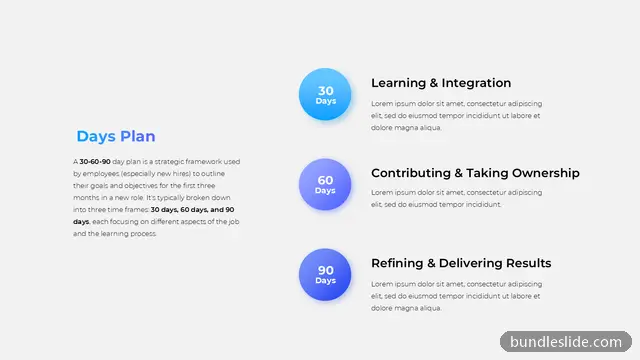 HR PPT template with 3 items in light gray, 30-60-90 day plan, onboarding - editable PowerPoint slide