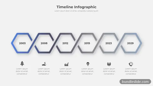6 Step Roadmap PPT template with 6 items in blue, timeline, hexagon - editable PowerPoint slide