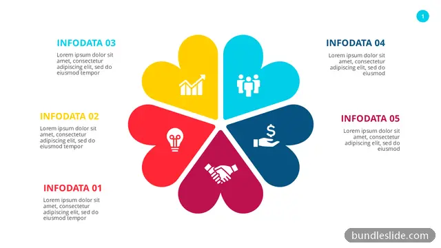 5 Stage Cycle PPT template with 5 items in yellow, flower diagram, petal shapes - editable PowerPoint slide