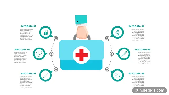 Healthcare PPT template with 6 items in teal, medical kit, first aid - editable PowerPoint slide