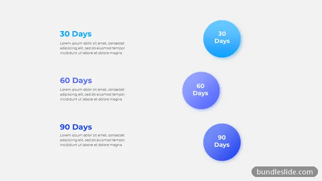 3 Step Roadmap PPT template with 3 items in light blue, 30 60 90 days, milestones - editable PowerPoint slide