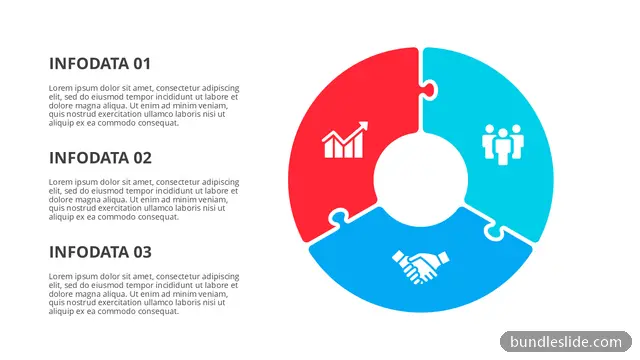3 Stage Cycle PPT template with 3 items in red, puzzle piece circle, three segments - editable PowerPoint slide