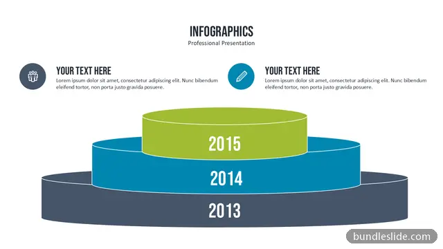 3 Level Pyramid PPT template with 3 items in dark blue, 3D tiered layers, yearly milestones - editable PowerPoint slide