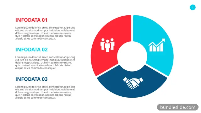 3 Stage Cycle PPT template with 3 items in red, donut chart, three segments - editable PowerPoint slide