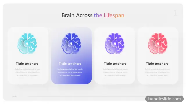Healthcare PPT template with 4 items in cyan, brain icons, lifespan stages - editable PowerPoint slide