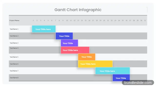 8 Step Timeline PPT template with 8 items in cyan, gantt chart, project timeline - editable PowerPoint slide