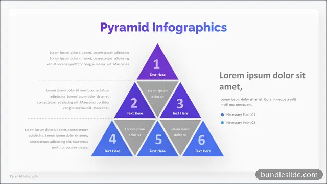 6 Level Pyramid PPT template with 6 items in purple, pyramid, triangle segments - editable PowerPoint slide
