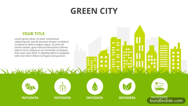Environment & Ecology PPT template with 5 items in green, green city, ecology - editable PowerPoint slide