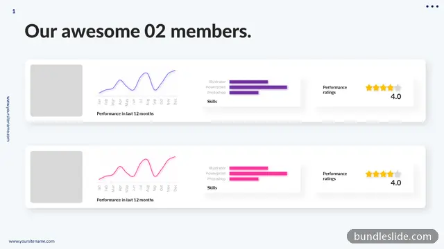HR PPT template with 2 items in white, team members, performance chart - editable PowerPoint slide