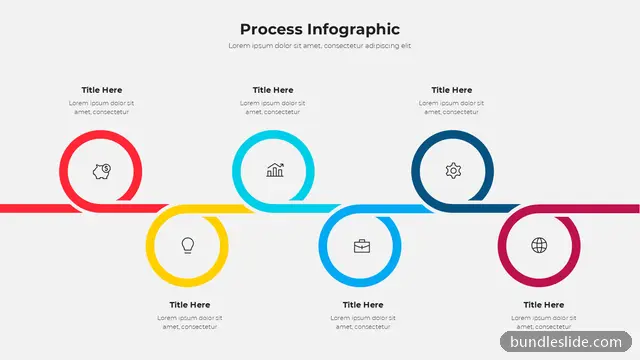 7 Step Timeline PPT template with 7 items in red, process infographic, circular icons - editable PowerPoint slide