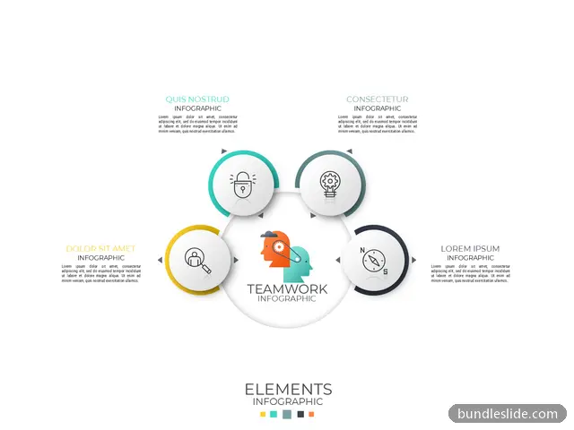 HR PPT template with 4 items in teal, teamwork, circular layout - editable PowerPoint slide