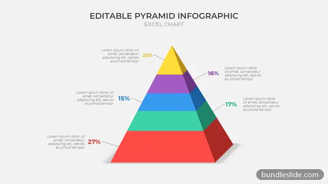 5 Level Pyramid PPT template with 5 items in red, pyramid chart, percentage breakdown - editable PowerPoint slide