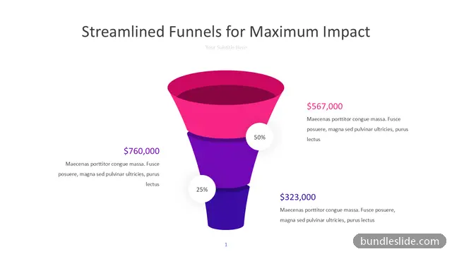 Funnel PPT template with 3 items in pink, funnel diagram, conversion rate - editable PowerPoint slide