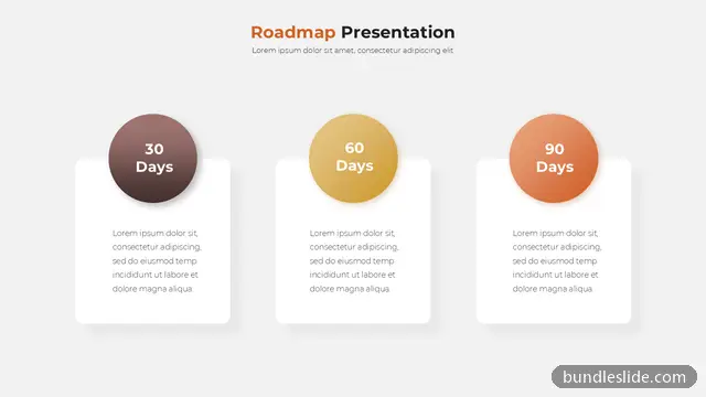 3 Step Roadmap PPT template with 3 items in brown, 30-60-90 day plan, roadmap - editable PowerPoint slide