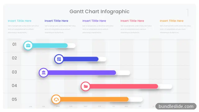 5 Step Roadmap PPT template with 5 items in cyan, gantt chart, project timeline - editable PowerPoint slide