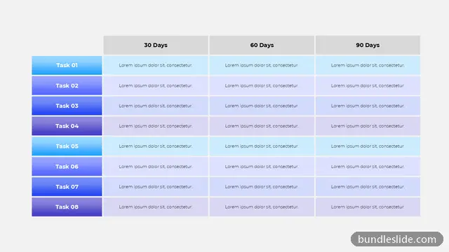 8 Step Timeline PPT template with 8 items in blue, 30-60-90 day plan, task table - editable PowerPoint slide