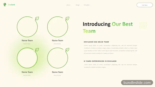 Sustainability PPT template with 4 items in cream, team introduction, leaf icons - editable PowerPoint slide