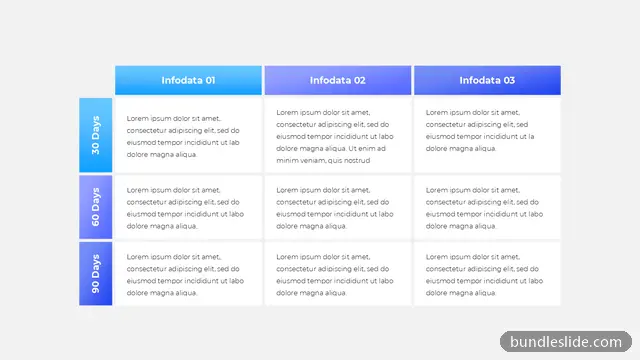 3 Step Roadmap PPT template with 3 items in blue, 30-60-90 day plan, table layout - editable PowerPoint slide