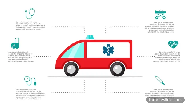 Healthcare PPT template with 6 items in red, ambulance, medical icons - editable PowerPoint slide