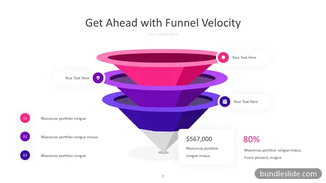 Funnel PPT template with 3 items in pink, 3D funnel, sales funnel - editable PowerPoint slide