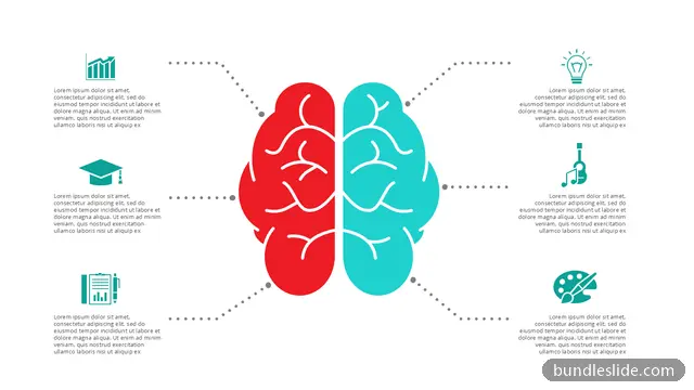 Healthcare PPT template with 6 items in red, brain, left brain right brain - editable PowerPoint slide
