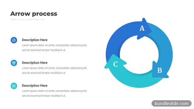 3 Stage Cycle PPT template with 3 items in blue, arrow process, cyclical diagram - editable PowerPoint slide
