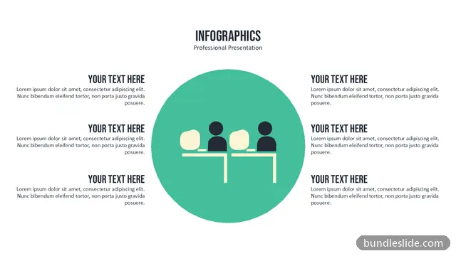 HR PPT template with 6 items in teal green, infographic, central circle icon - editable PowerPoint slide