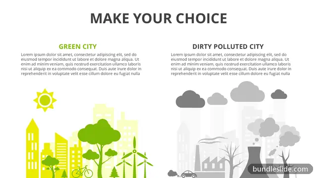 Environment & Ecology PPT template with 2 items in green, green city, polluted city - editable PowerPoint slide