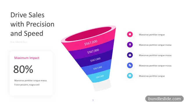 5 Stage Funnel PPT template with 5 items in pink, sales funnel, revenue breakdown - editable PowerPoint slide