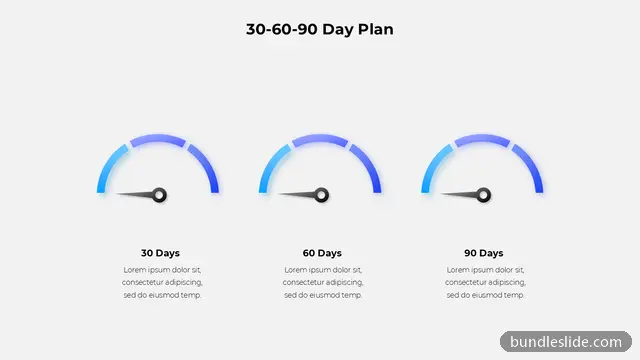 3 Step Roadmap PPT template with 3 items in blue, 30-60-90 day plan, gauge chart - editable PowerPoint slide