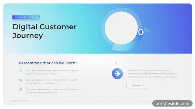 Customer Journey PPT template with 3 items in blue, digital customer journey, percentage circle chart - editable PowerPoint slide