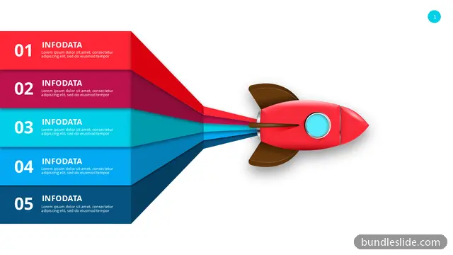 5 Stage Funnel PPT template with 5 items in red, rocket illustration, 5 steps - editable PowerPoint slide