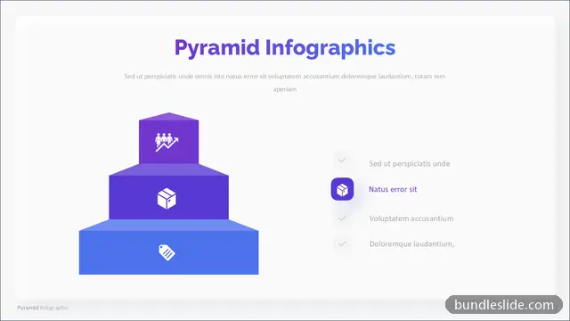 3 Level Pyramid PPT template with 3 items in purple, pyramid diagram, 3-tier hierarchy - editable PowerPoint slide