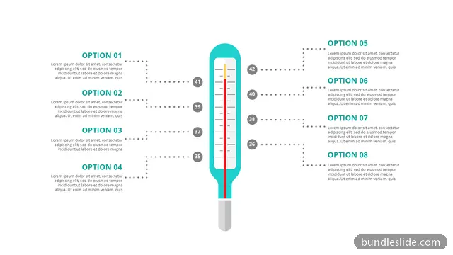 Healthcare PPT template with 8 items in teal, thermometer, temperature scale - editable PowerPoint slide