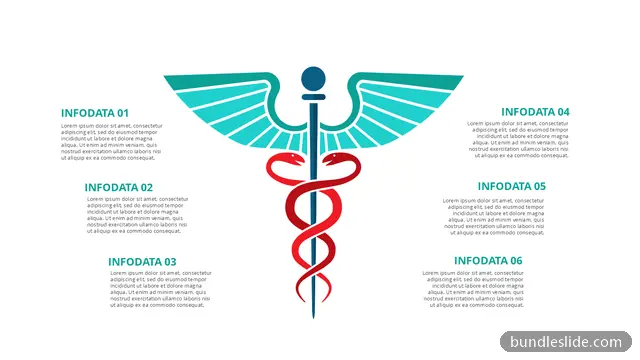 Healthcare PPT template with 6 items in teal, caduceus, medical symbol - editable PowerPoint slide