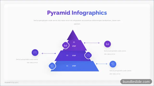 3 Level Pyramid PPT template with 3 items in purple, 3-level pyramid, step process - editable PowerPoint slide