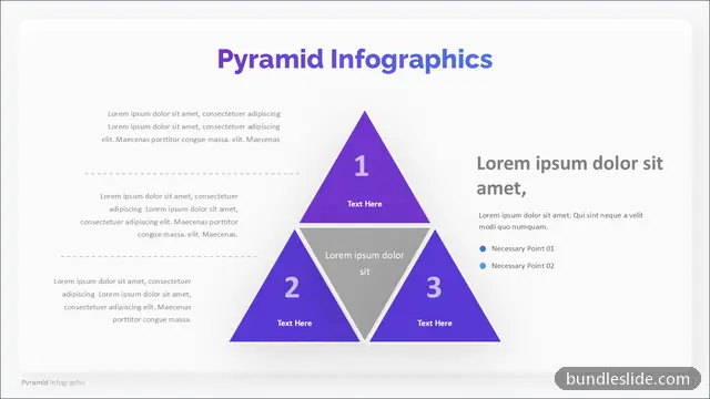 3 Level Pyramid PPT template with 3 items in purple, pyramid diagram, three triangles - editable PowerPoint slide