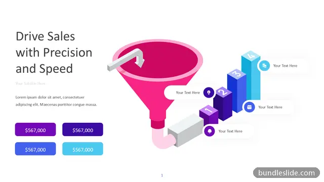 4 Stage Funnel PPT template with 4 items in pink, sales funnel, 3D funnel graphic - editable PowerPoint slide