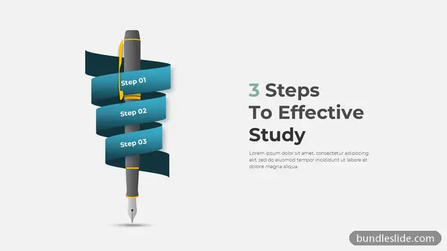 3 Step Timeline PPT template with 3 items in teal, 3 steps, pen illustration - editable PowerPoint slide