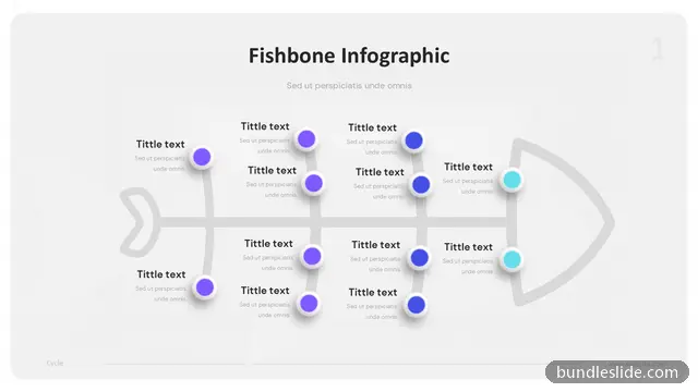 Fishbone Diagram PPT template with 12 items in purple, fishbone diagram, root cause analysis - editable PowerPoint slide