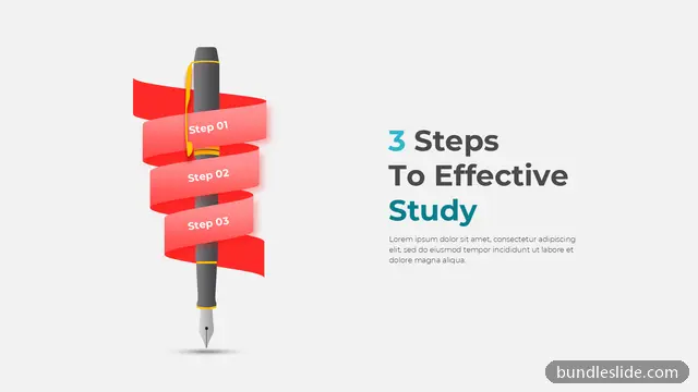 3 Step Timeline PPT template with 3 items in red, 3 steps, pen graphic - editable PowerPoint slide