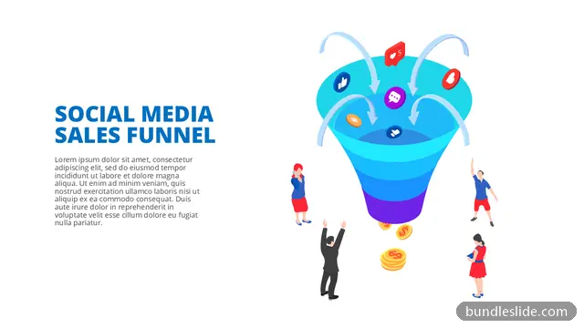 5 Stage Funnel PPT template with 5 items in blue, social media funnel, isometric illustration - editable PowerPoint slide