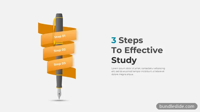 3 Step Timeline PPT template with 3 items in orange, 3 steps, pen graphic - editable PowerPoint slide
