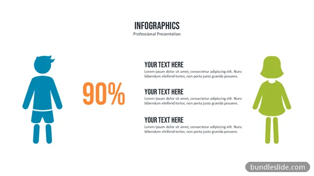 Healthcare PPT template with 3 items in blue, male female icons, percentage statistic - editable PowerPoint slide